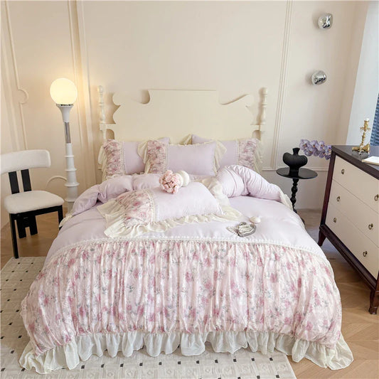 Princess Style Duvet Cover Sets with Lace Embroidery Bed Cover for Girls  Queen/King Size 이불커버 Soft Pink Bedding with Ruffles