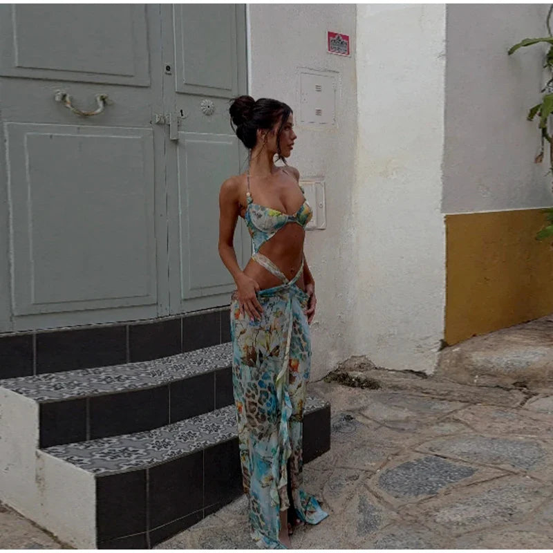 Blue Printed Cut Out Tie Up Maxi Dress â€?V-Neck Style