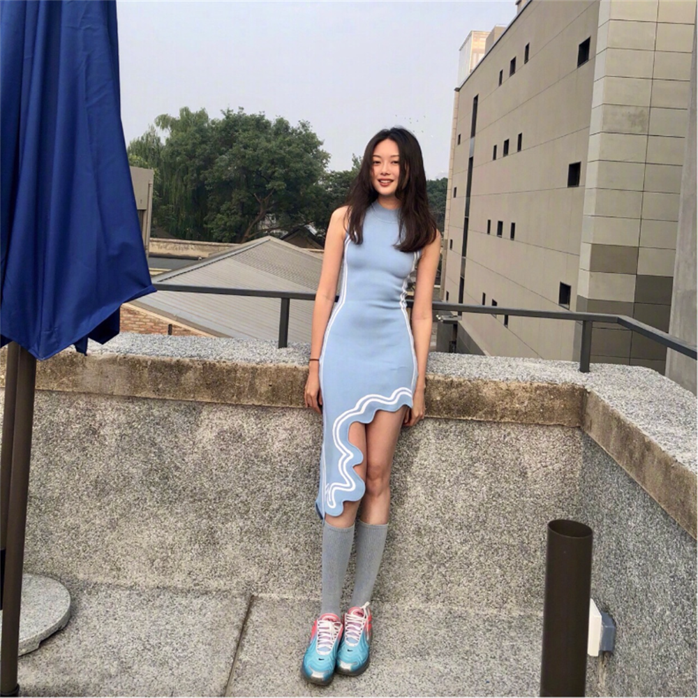 Asymmetrical Wavy Hem Round Collar Knit Midi Dress