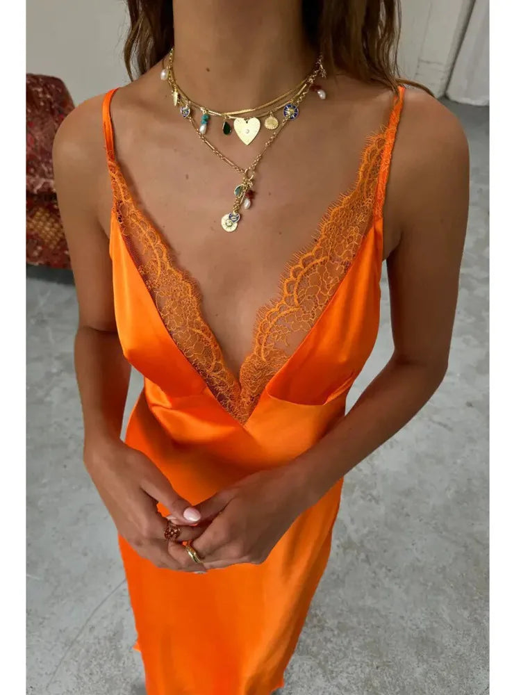 Strap Satin V-neck Long Dress