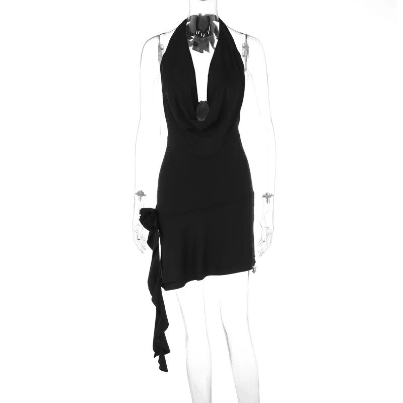 Floral Applique Ruffle Deep Neck Halter Mini Dress