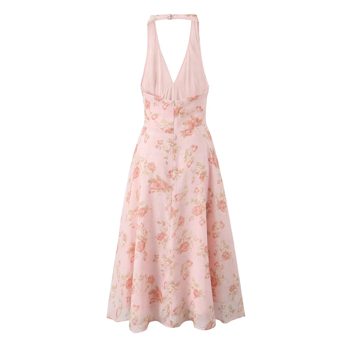 Pink Flower Print Halter Midi Dress