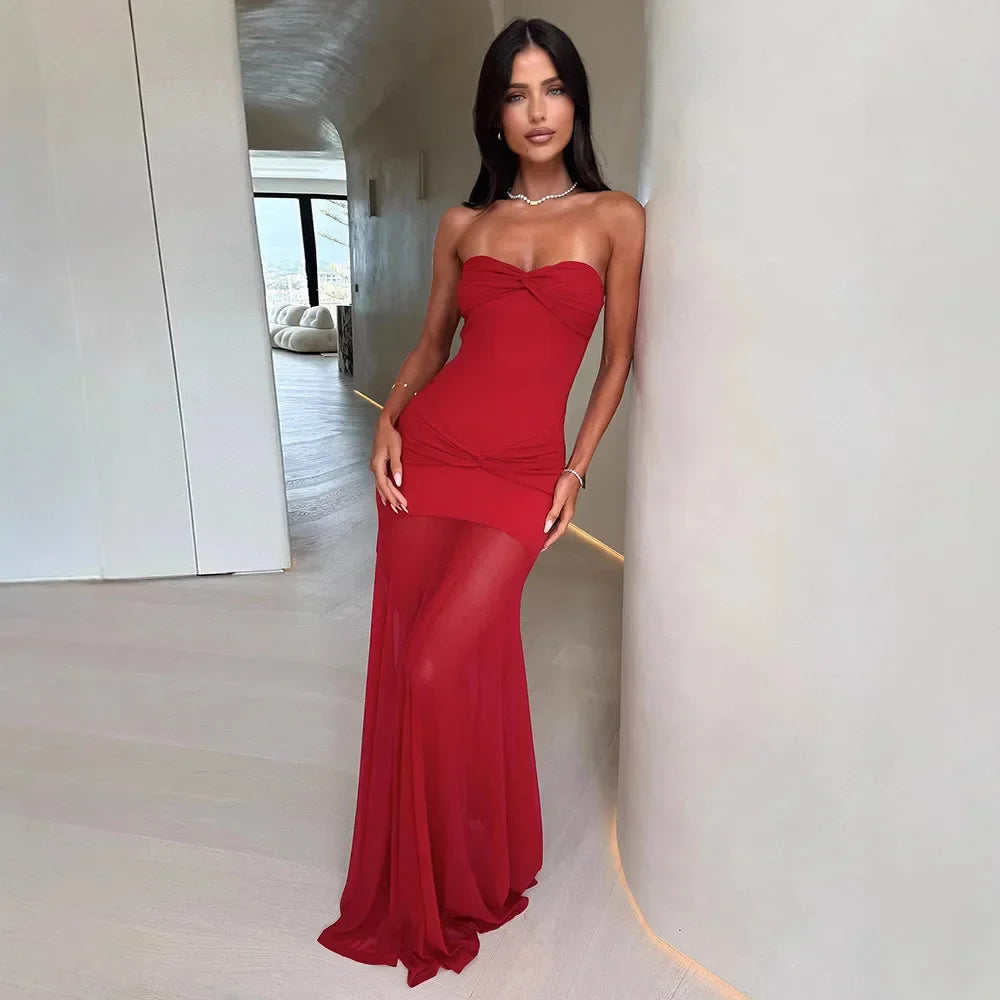 Sleeveless Mesh Pleated Twisted Bandeau Long Dress