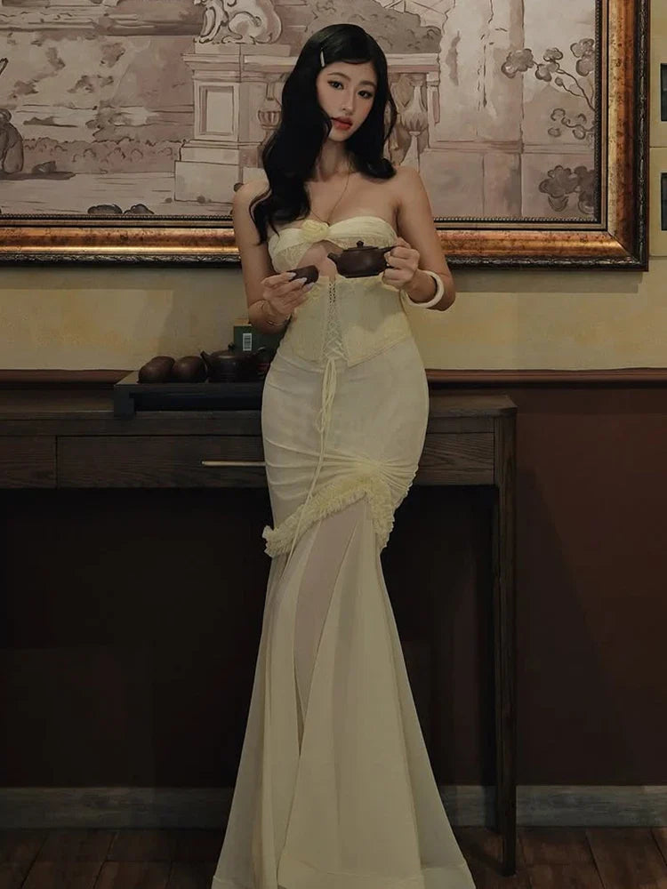 Strapless Cut Out Mesh Corset Ruffles Maxi Dress