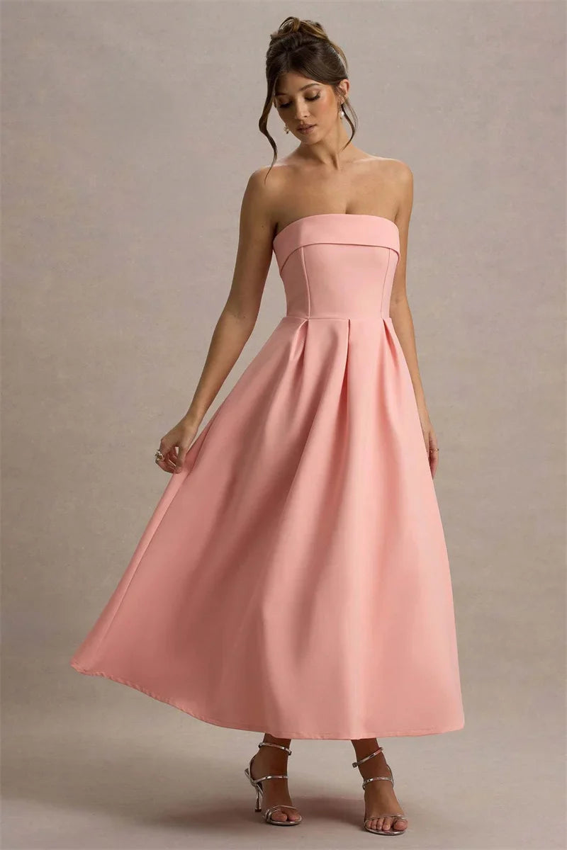 Strapless Solid Midi Dress