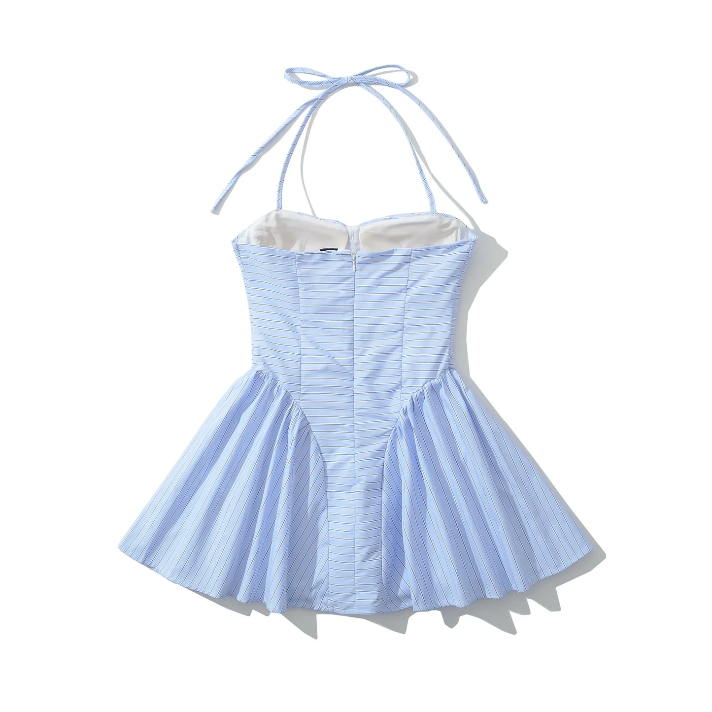 Blue Striped Padded Corset Bow Halter Mini Dress