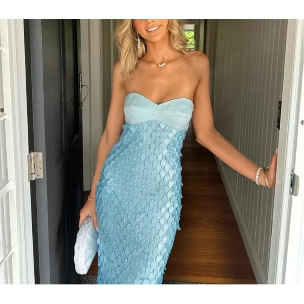 Strapless Sequins Beaded Midi Dress - A-Line Fit