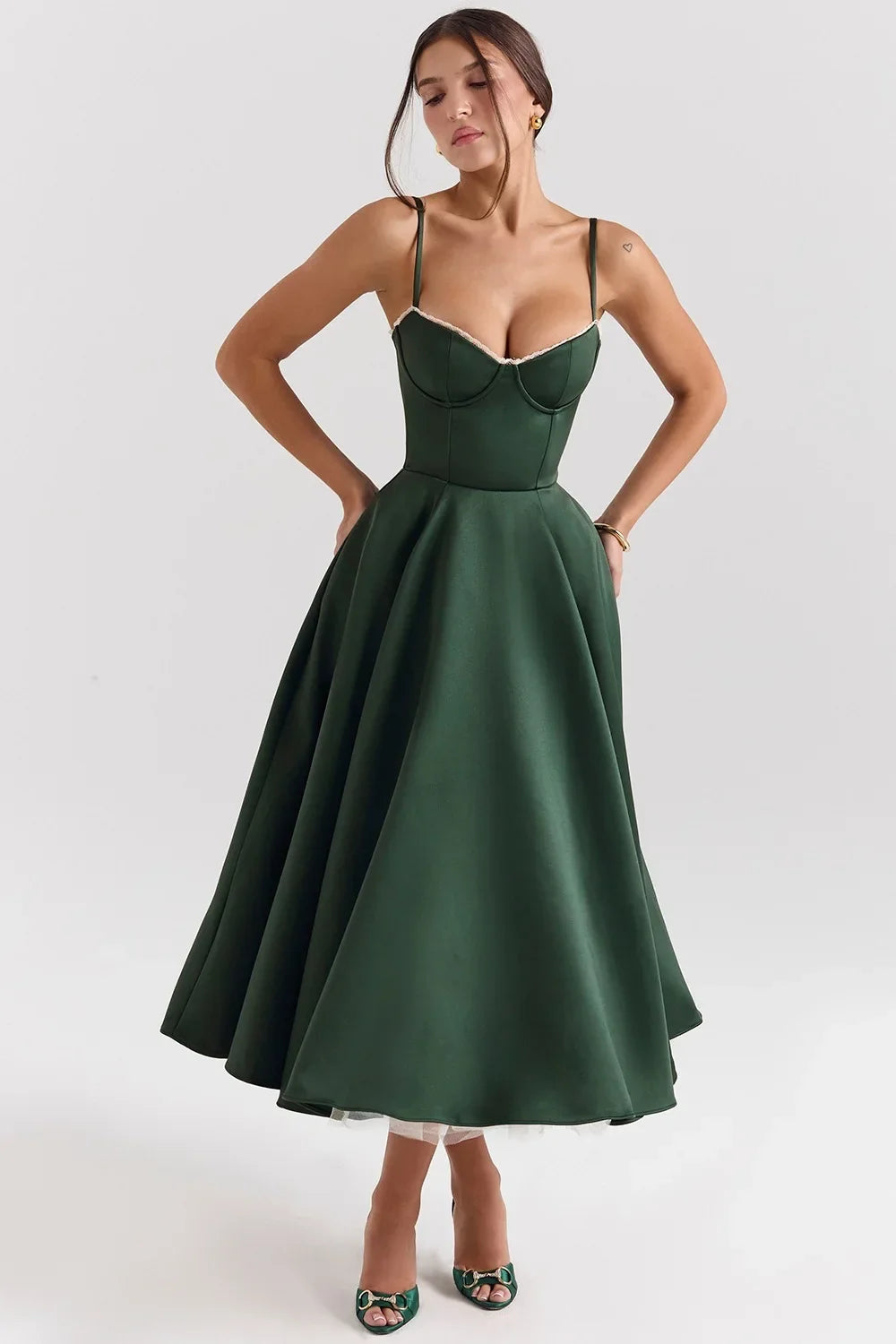 Satin Bustier Strap Tulle Midi Dress