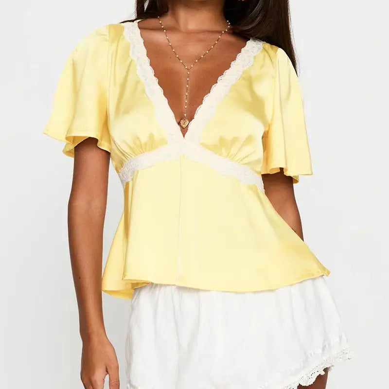 Lace Trim Flare Sleeve Top - High Street Chic