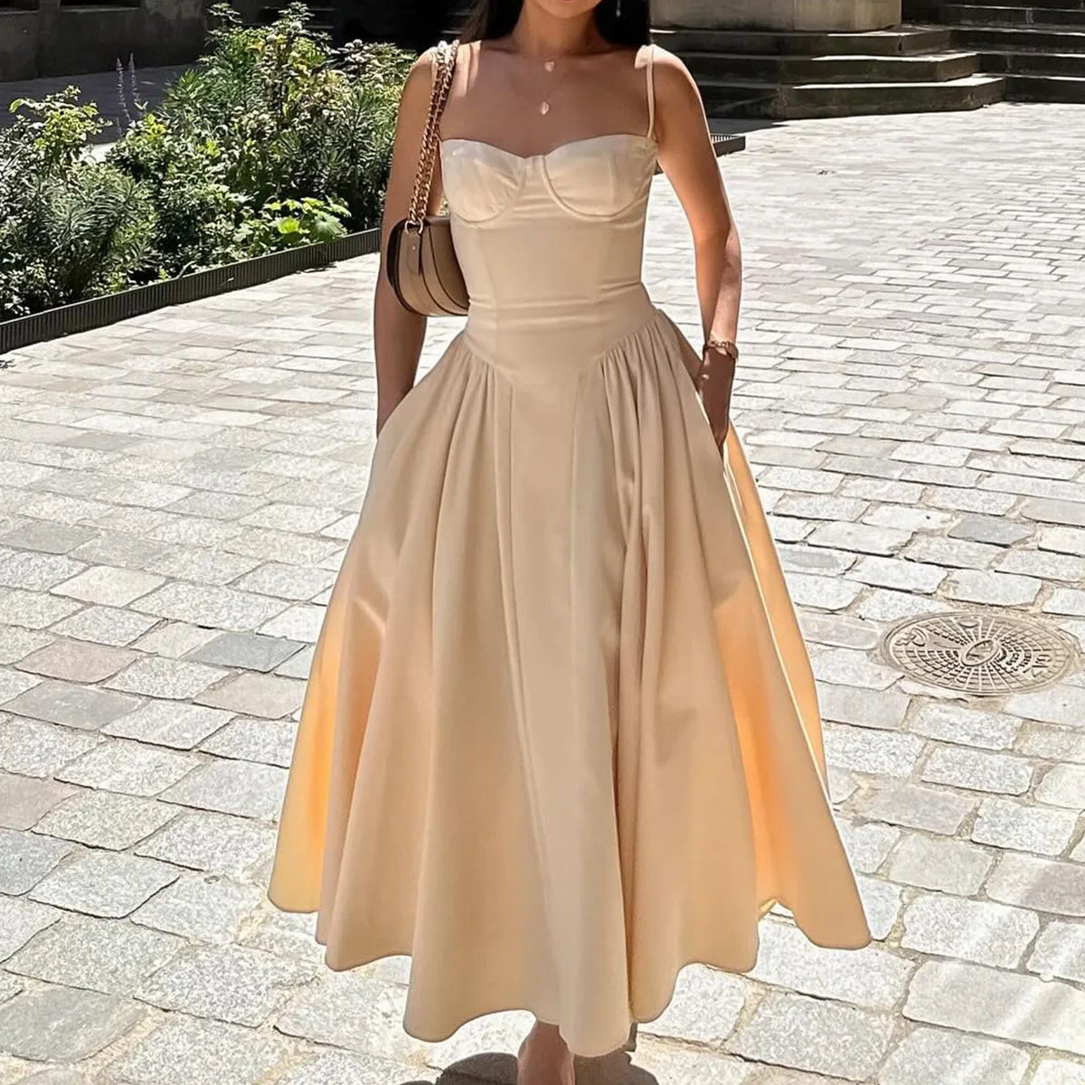 Solid Spaghetti Strap Bustier Pleated Midi Dress