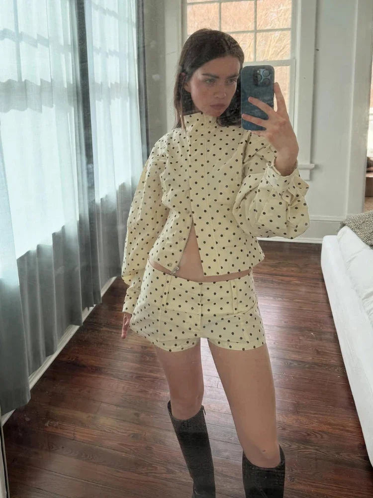 White Polka Dot Zipper Jacket And Shorts Set