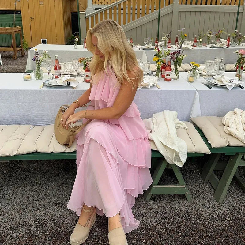 Pink Pleated Halter Maxi Dress