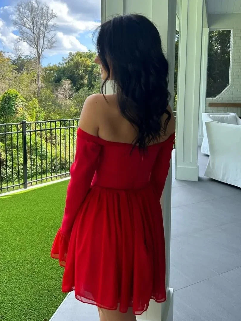 Off-shoulder Long Flare Sleeve Bow Mini Dress