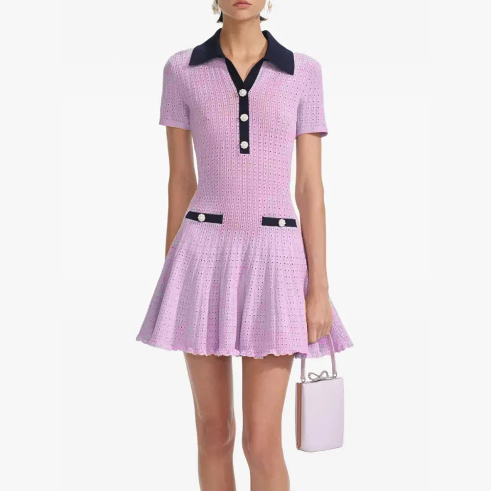 Contrast Trim Button Knit Collar Mini Dress