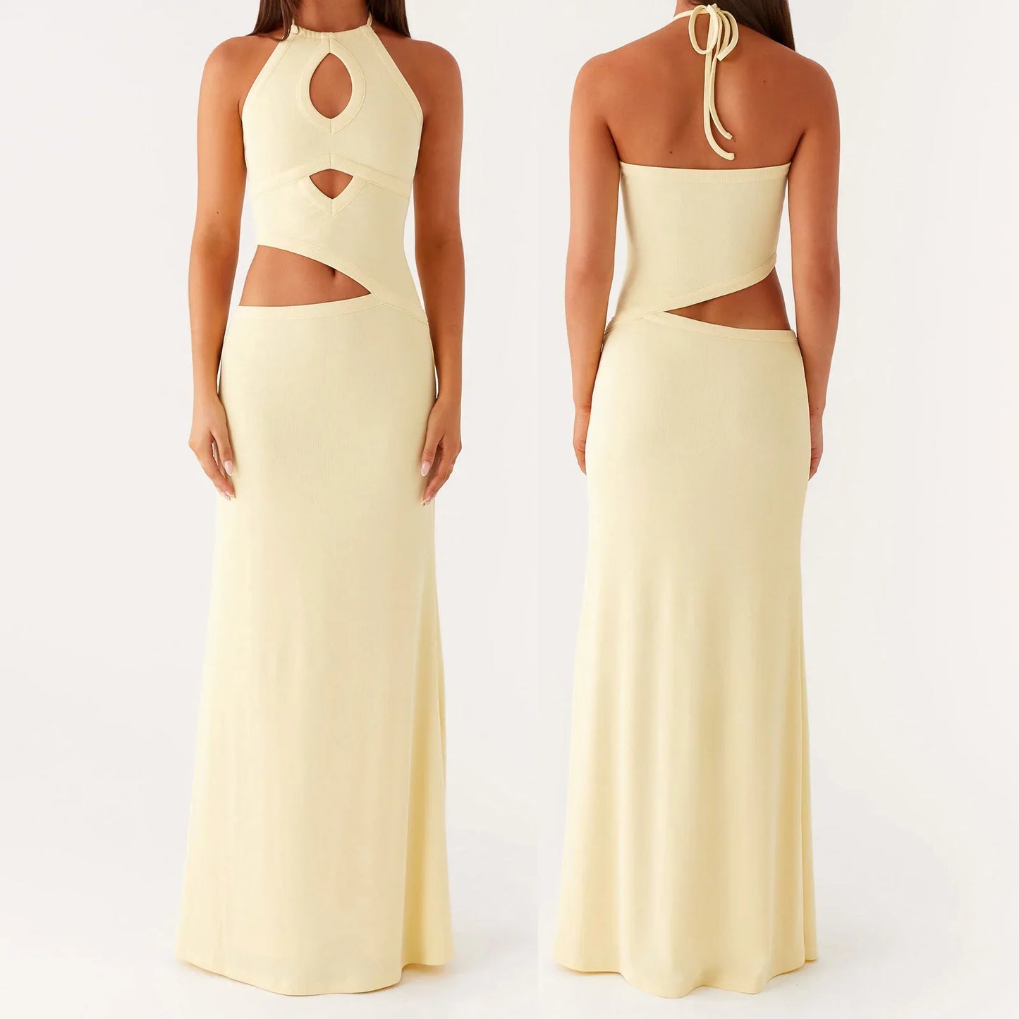 Cutout Solid Long Dress - Halter Neck A-Line