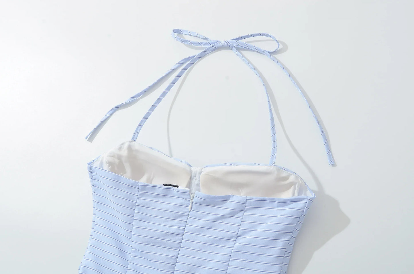 Blue Striped Padded Corset Bow Halter Mini Dress