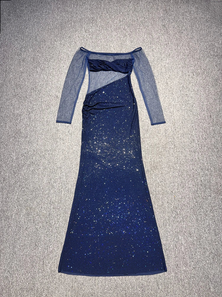 Rhinestone Slash Neck Long Sleeve Patchwork Maxi Dress