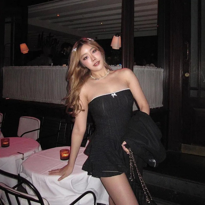 Solid Color Tube Frill Mini Dress