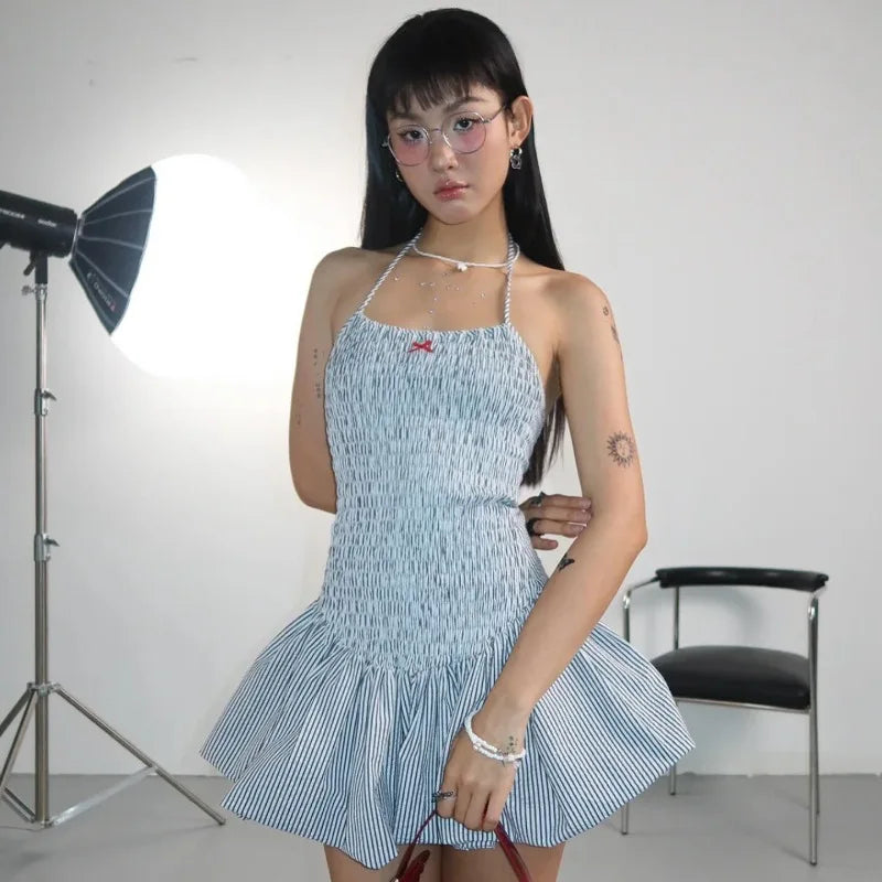 Blue Striped Ruched Mini Dress â€?Stretchy Fit