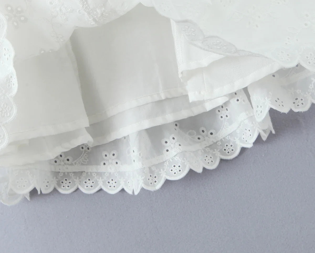 White V-neck Doily Embroidery Mini Dress