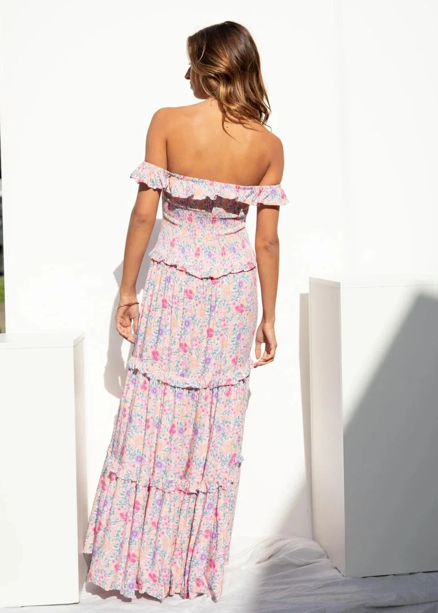 Flowers Print Off Shoulder Long Dress
