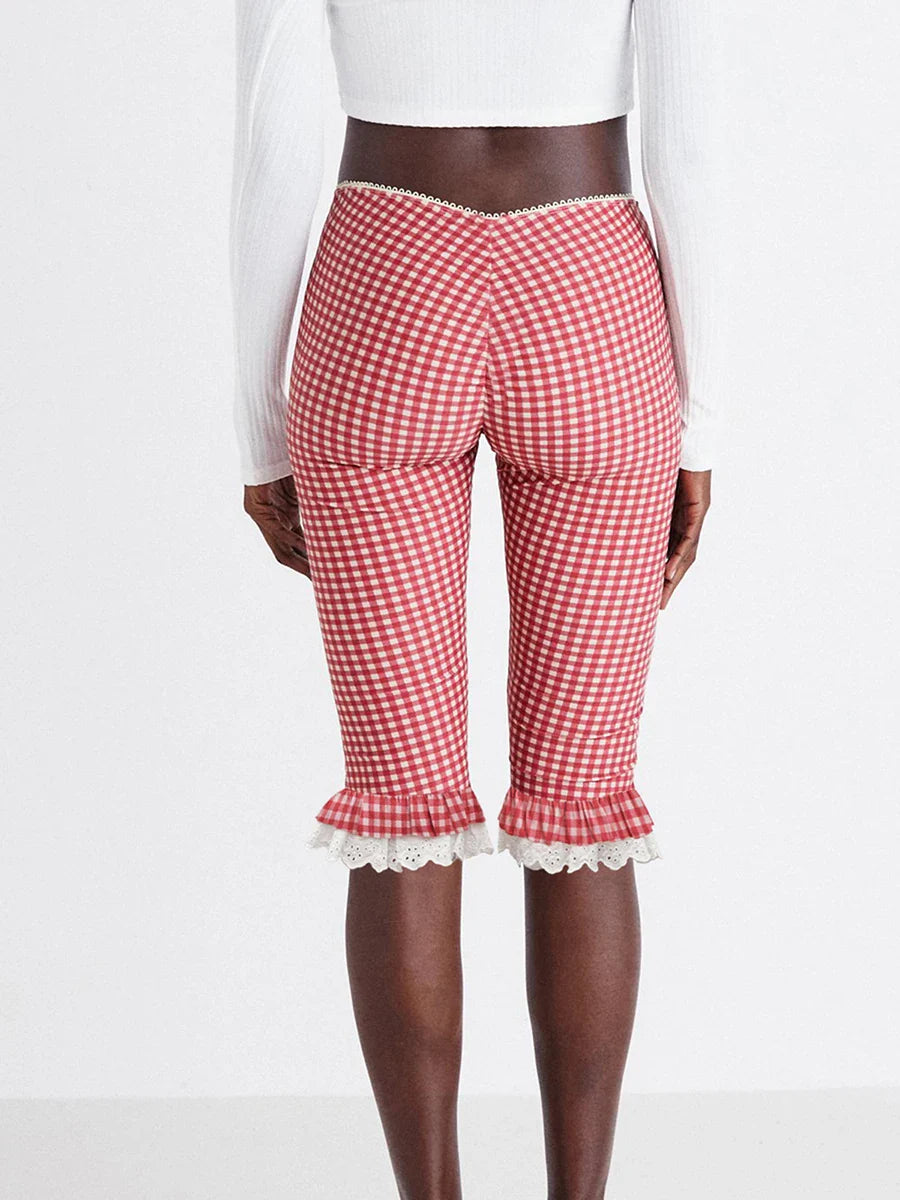 Plaid Lace Trim Capri Leggings