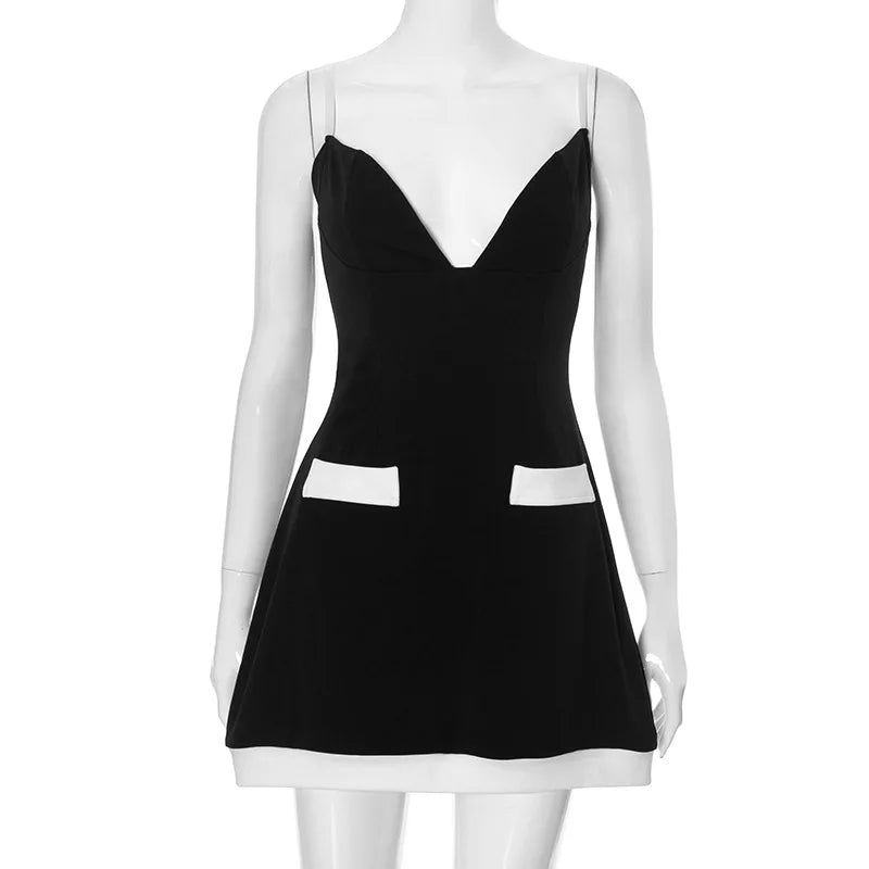 Black Two Tone Strap Solid Mini Dress
