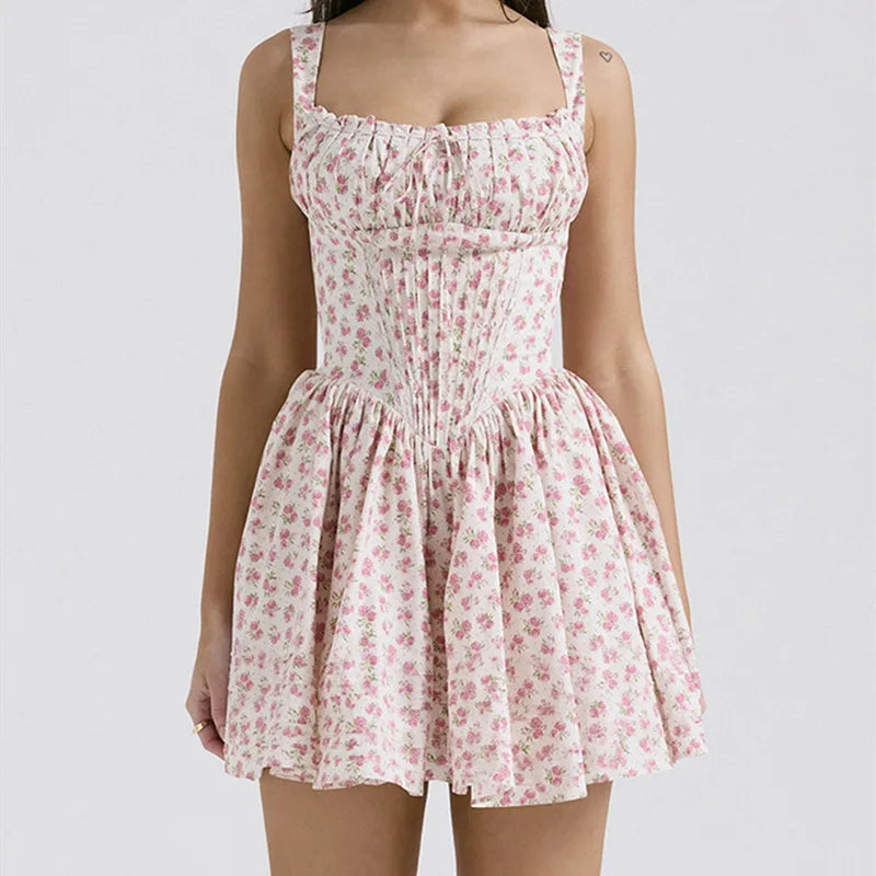 Printed Square Neck Strap Corset Mini Dress