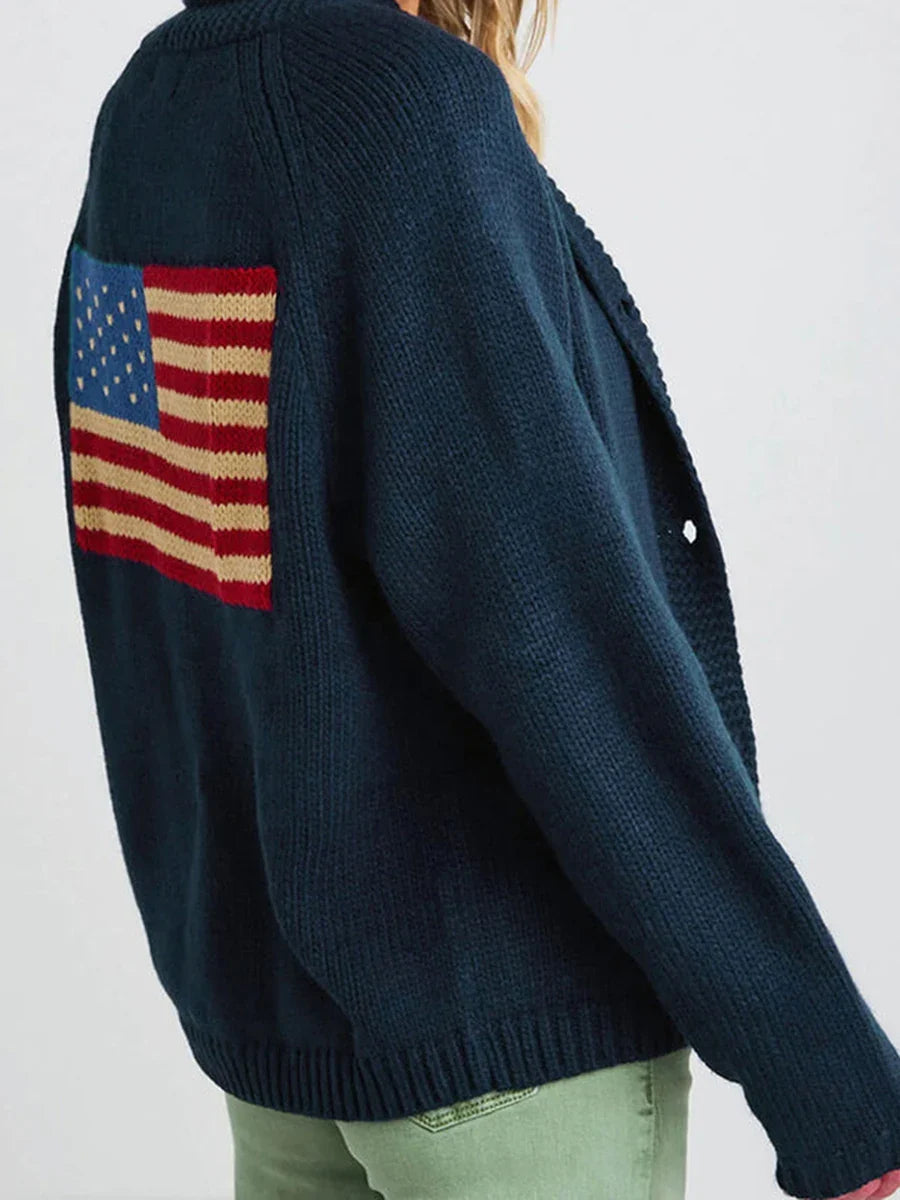 American Flag Cardigan - Loose Fit V-Neck Knit