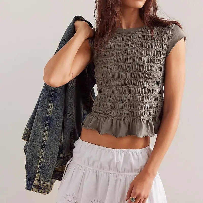 Smocked Ruffle Hem Short Sleeve Top