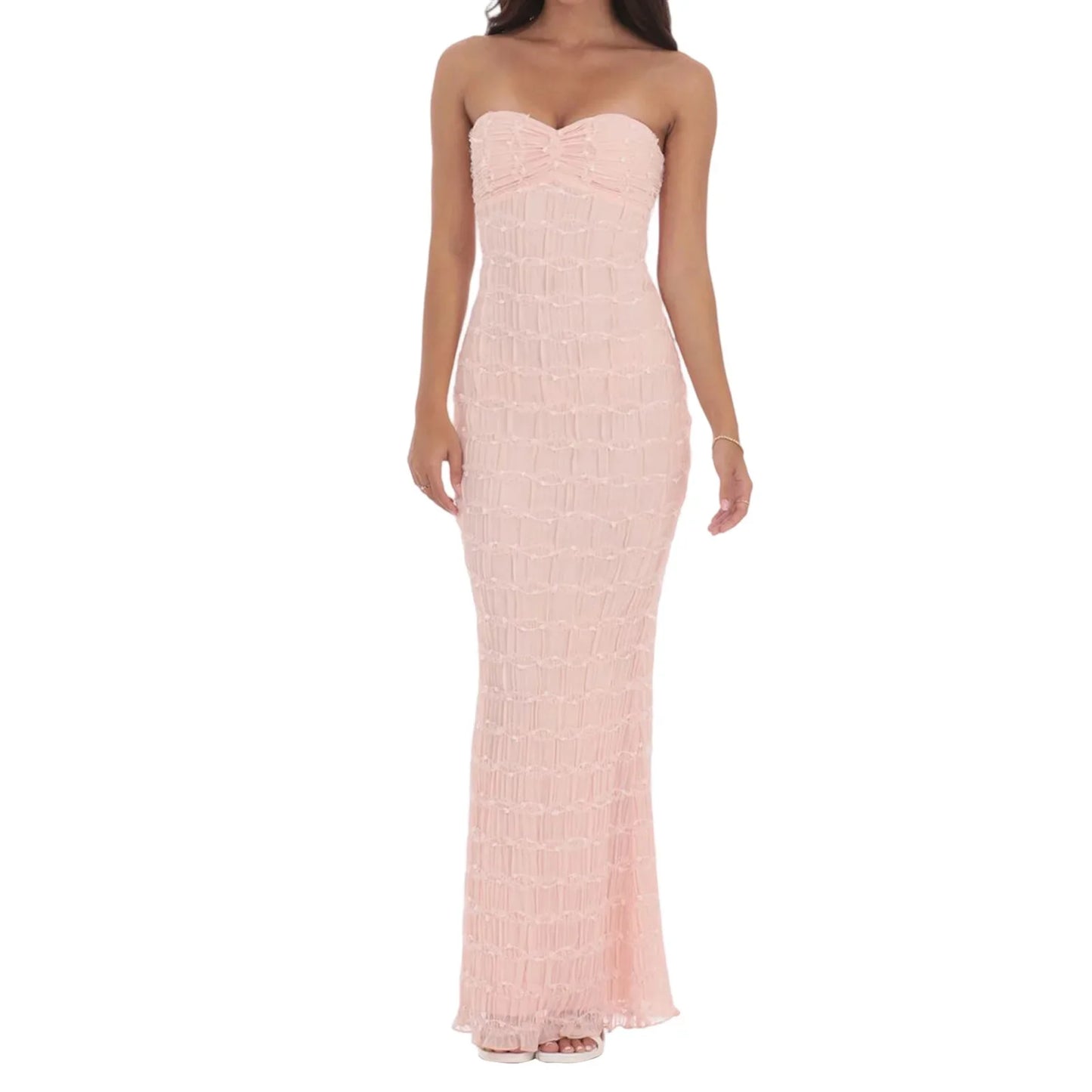 Pink Ruched Bust Backless Cutout Strapless Long Dress