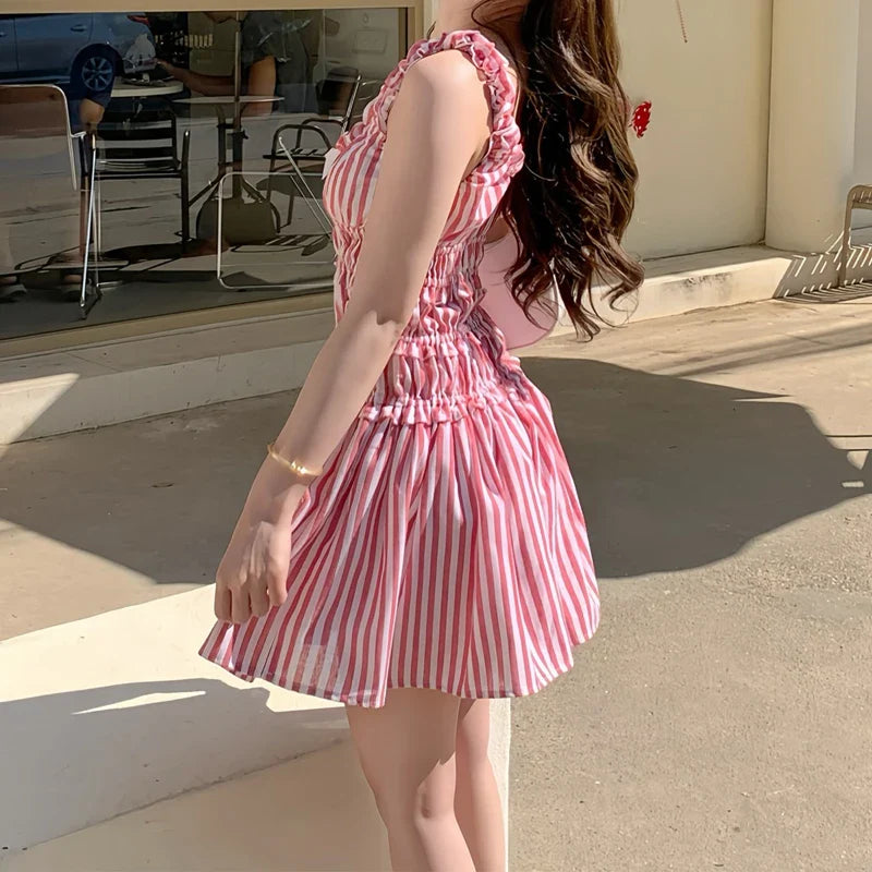 Striped Elastic Waist Frill Mini Dress