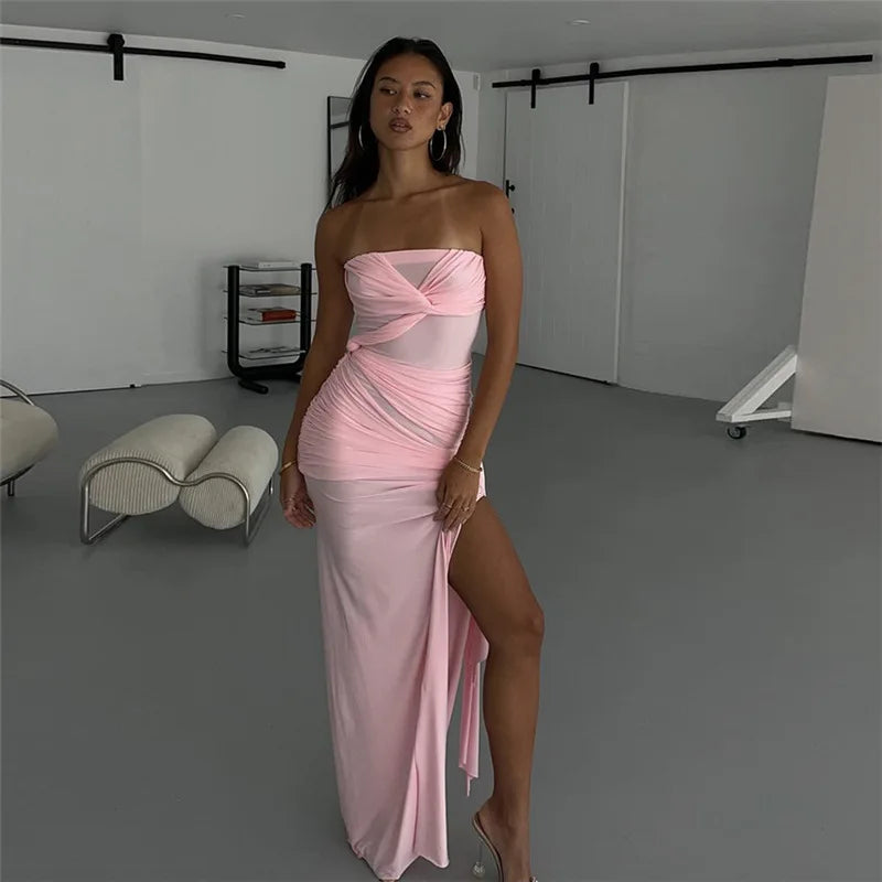 Strapless Pink Tie Up Mesh Midi Dress