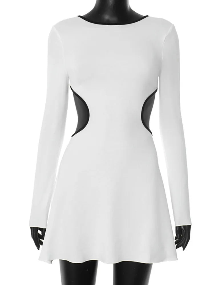 Contrast Trim Side Cut Backless Long Sleeve Mini Dress