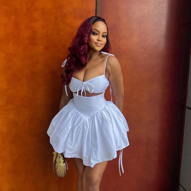 Tie Up Cut Out White Flare Mini Dress
