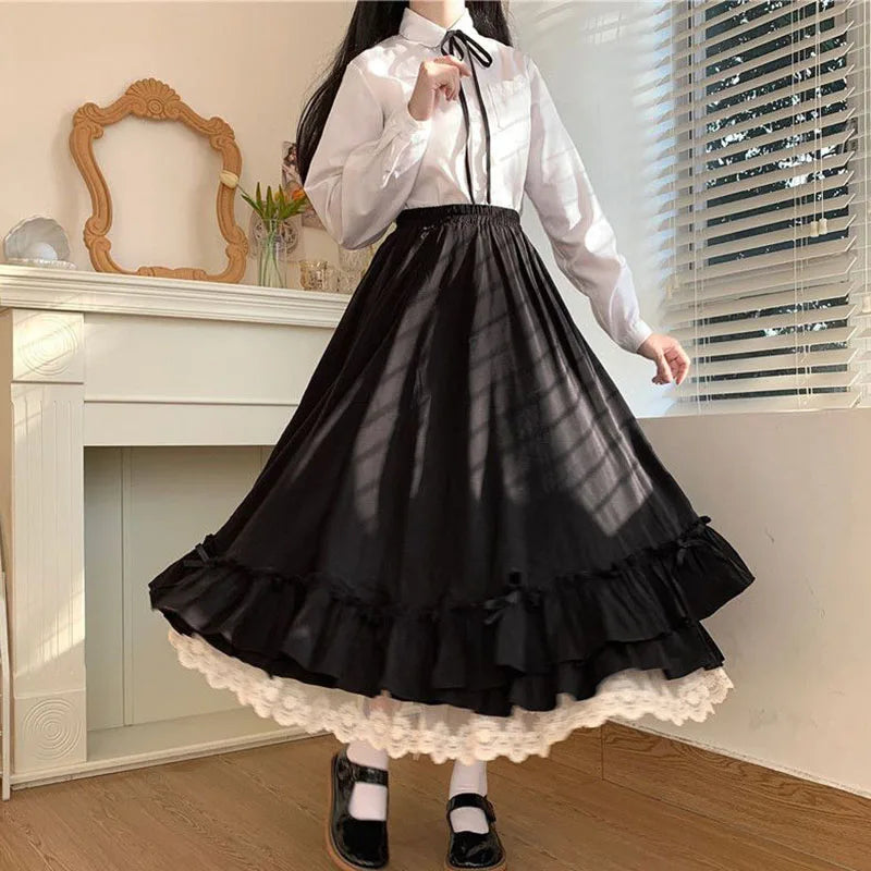 Ruffles Lace Trim Bow Maxi Skirt - Preppy A-Line