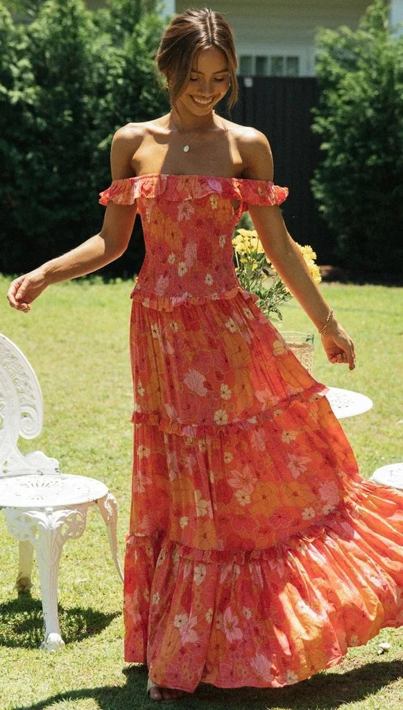 Flowers Print Off Shoulder Long Dress