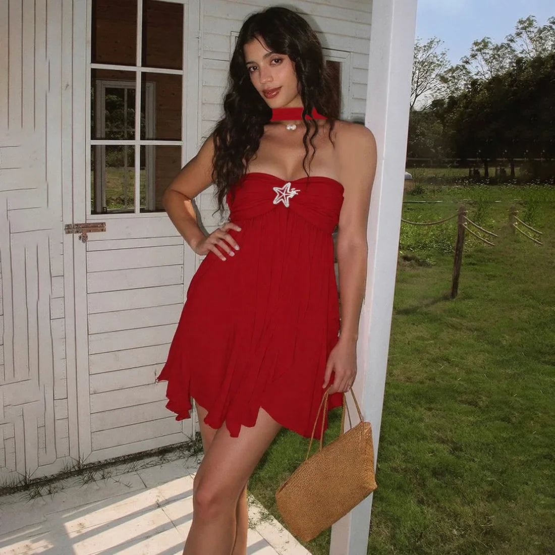 Frill Halter Around Neck Strapless Mini Dress