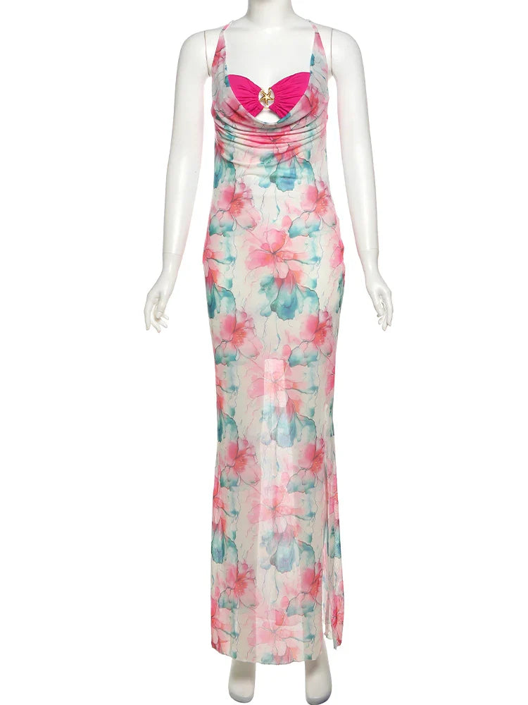 Floral Printed Mesh Bralette Maxi Dress