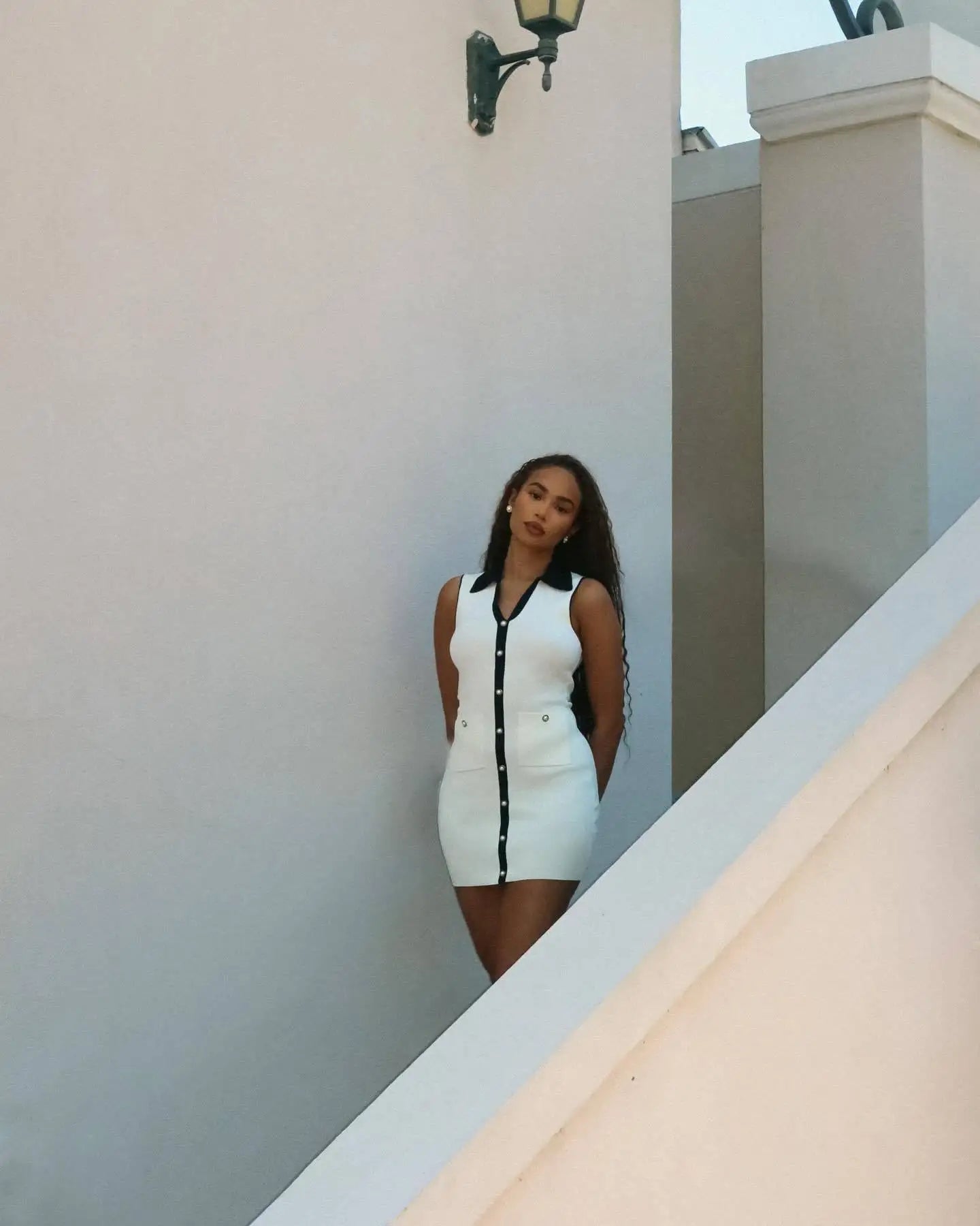 White Contrast Buttoned Collar Mini Dress