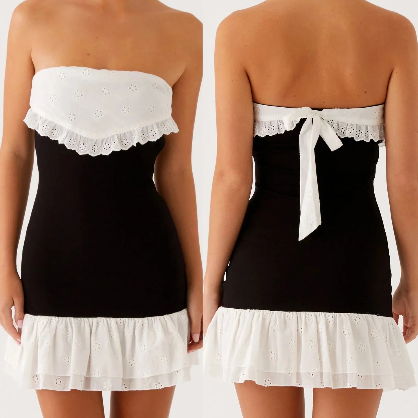 Black Strapless Patchwork Ruffle Hem Mini Dress - A-Line Fit