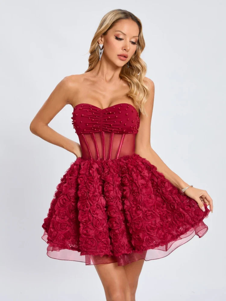 Red Mesh 3d Floral Frill Beaded Strapless Mini Dress