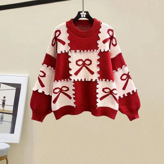 Bow Checkered Patchwork Sweater