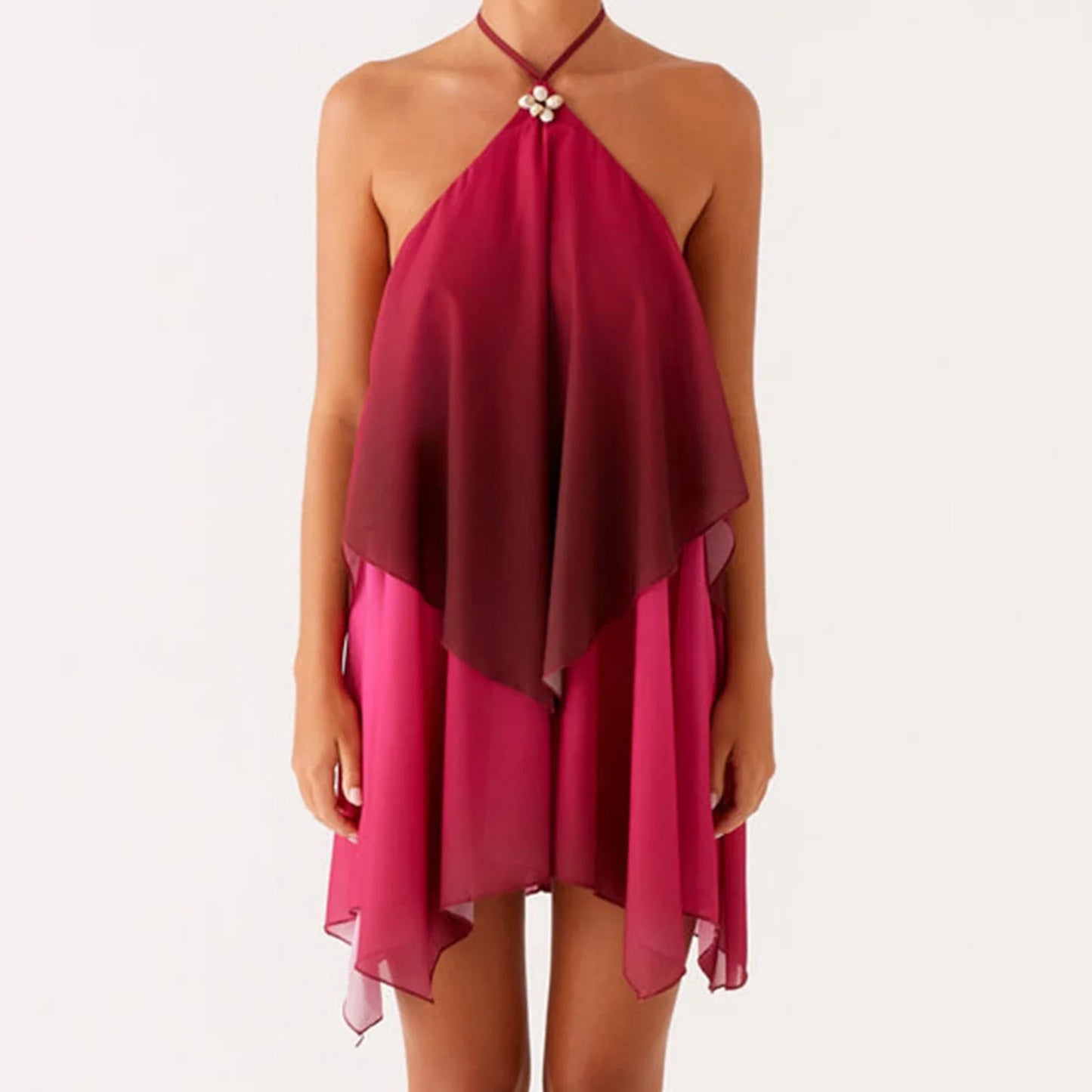 Red Gradient Halter Frill Wide Mini Dress