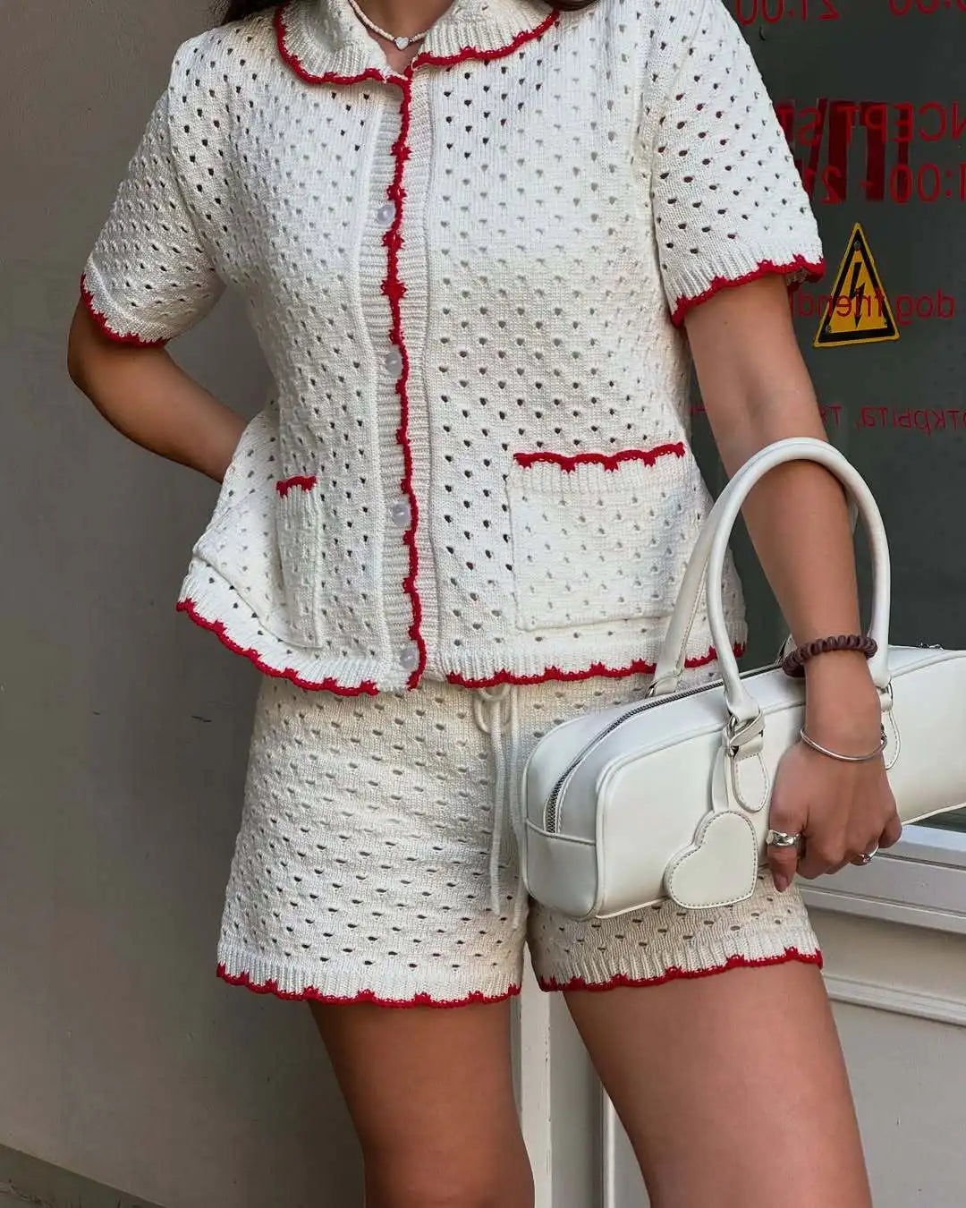 White Knitted Short Sleeve Top And Shorts Set