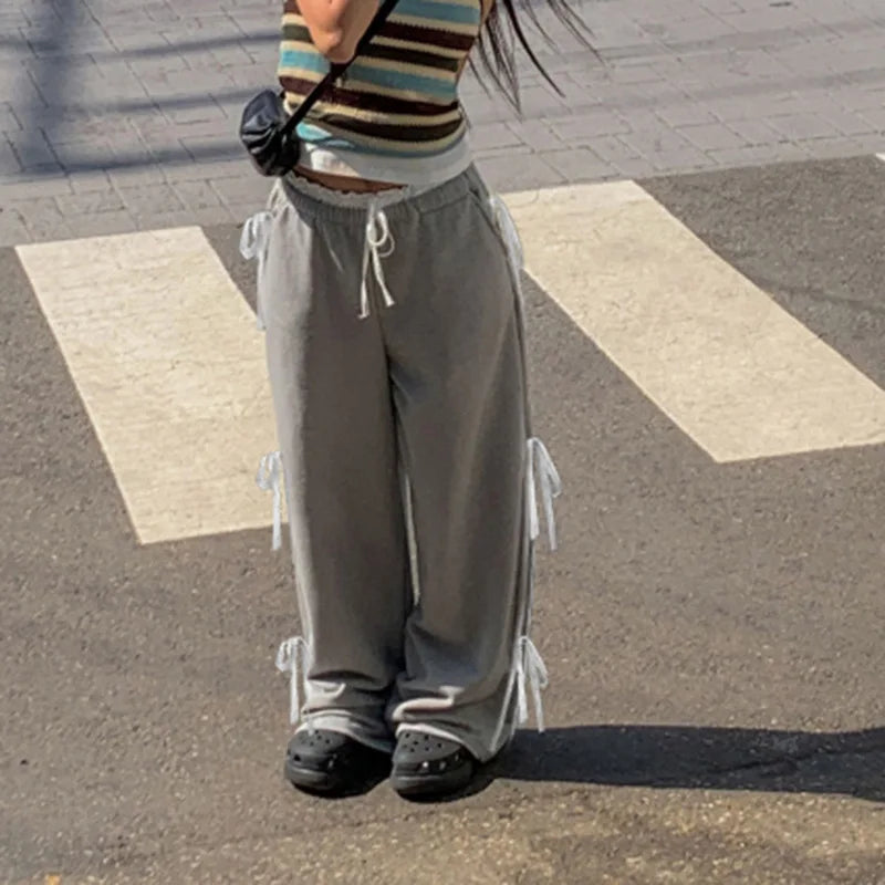 Grey Stripe Ribbon Drawstring Sweatpants