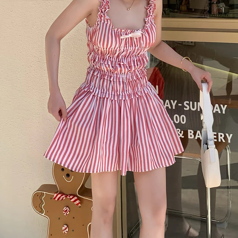 Striped Elastic Waist Frill Mini Dress