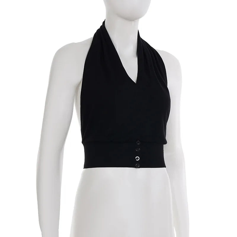 Black Halter Cowl Buttoned Crop Top