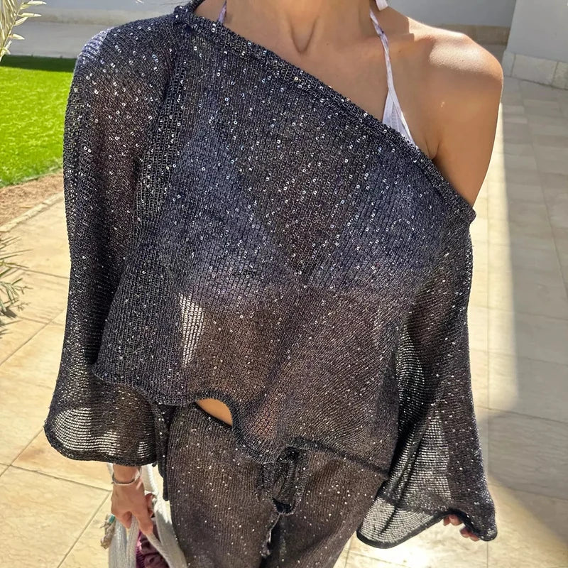 Knitted Poncho Cover-up Crop Top