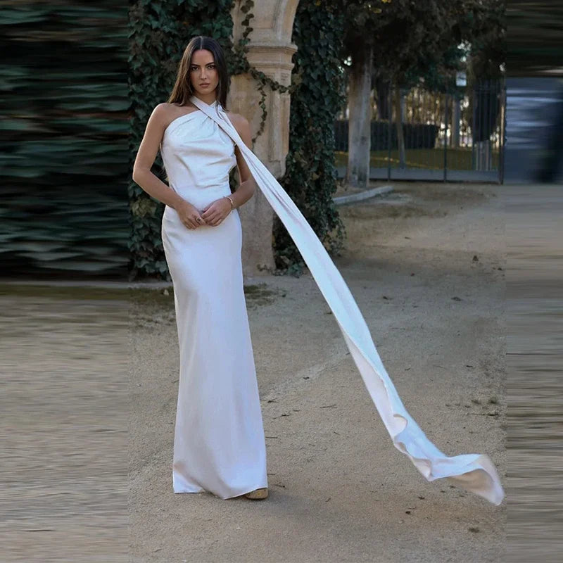 Satin Long Draped Halter Maxi Dress
